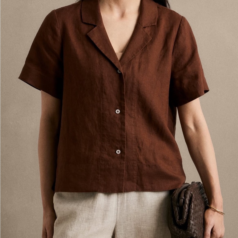 Quince 100% European Linen Short Sleeve Shirt Golden Brown Women's